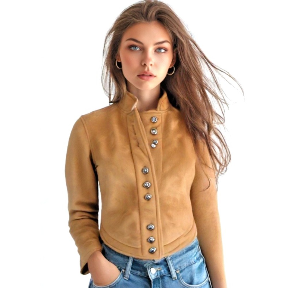 NEW Faux Shearling Jacket Crop Button Country Clothing Cheyenne Tan Size Small
